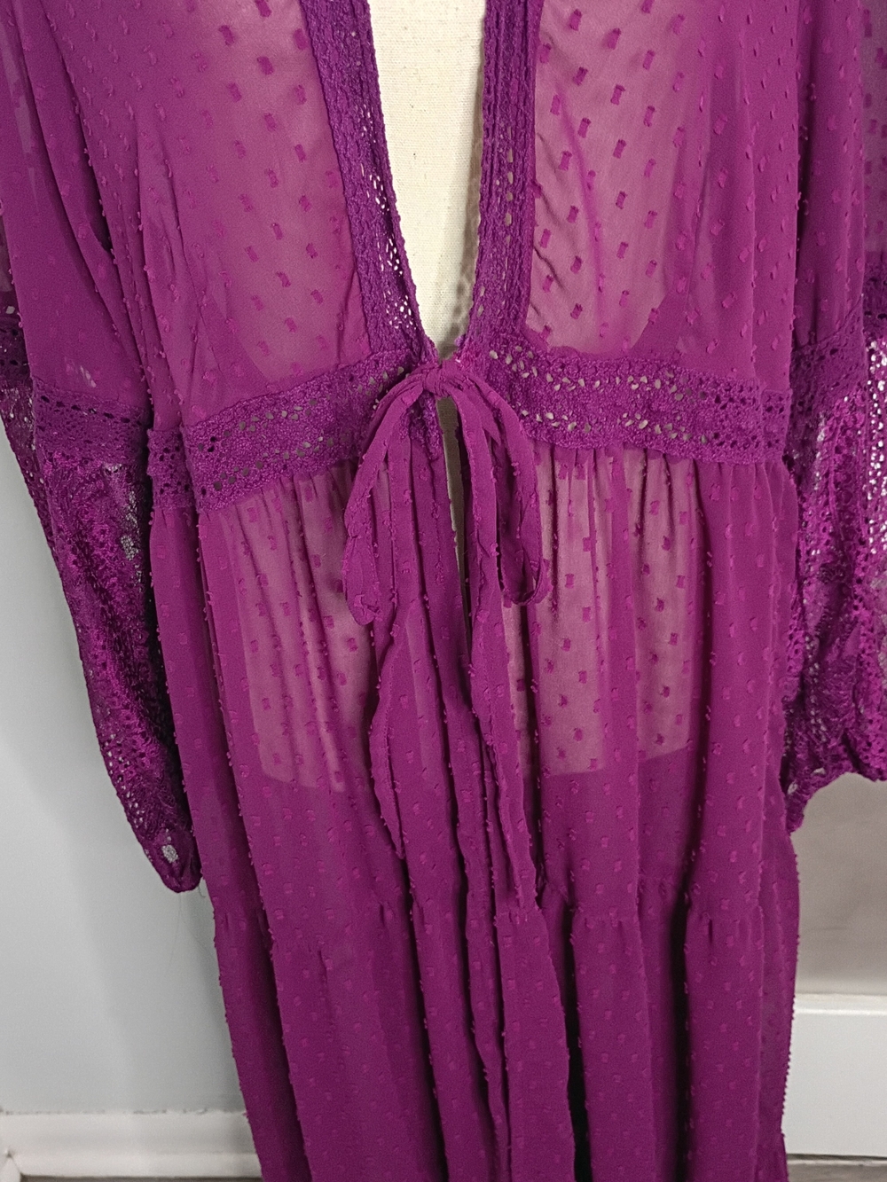 Torrid Sheer Plum Dotted Lace Sleeve Boho Maxi Duster with Tie Front, Size 2 - Picture 7 of 9